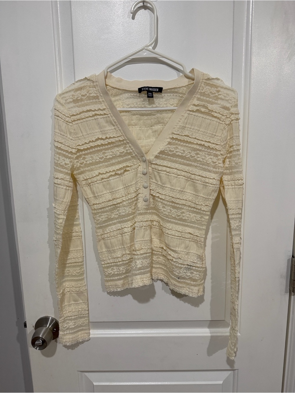 Steve Madden Cream Lace-Trim Henley Long Sleeve Top